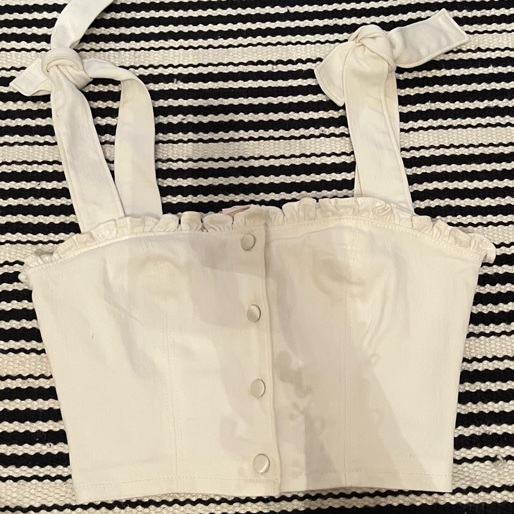 cinq a sept Cream Tie-Shoulder Button-Front Crop Top